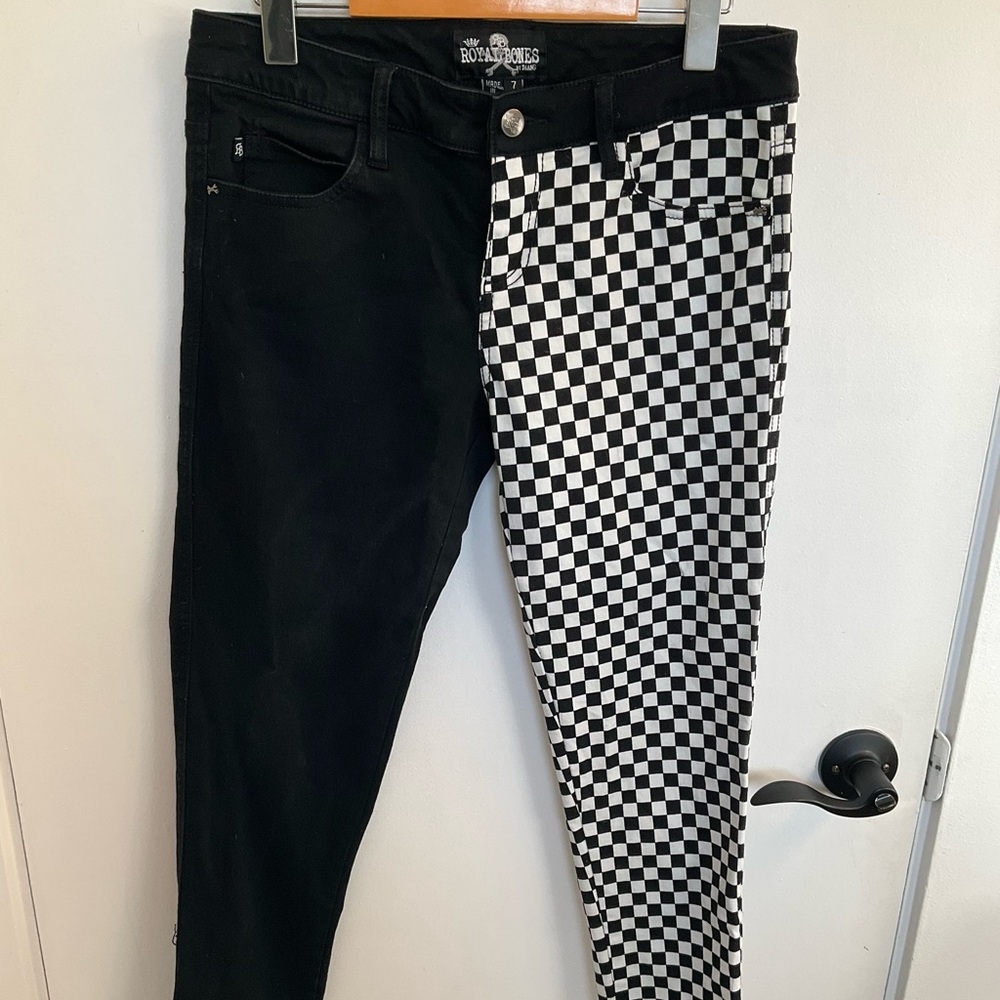 Royal Bones split leg black and checkered skinny jeans, size 7